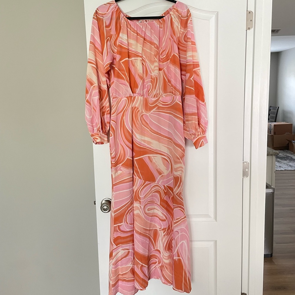 Petal & Pup ADLER ONE SHOULDER LONG SLEEVE MIDI DRESS - PINK MARBLE